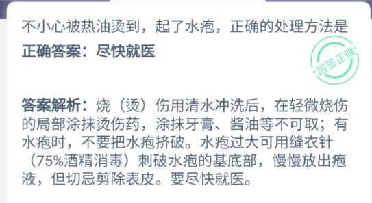 被热油烫到起了水疱正确的处理方法是？蚂蚁庄园11月26日答案