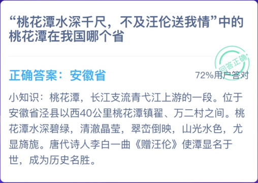 桃花潭水深千尺，不及汪伦送我情中的桃花潭在我国哪个省蚂蚁庄园12月14日今日答案