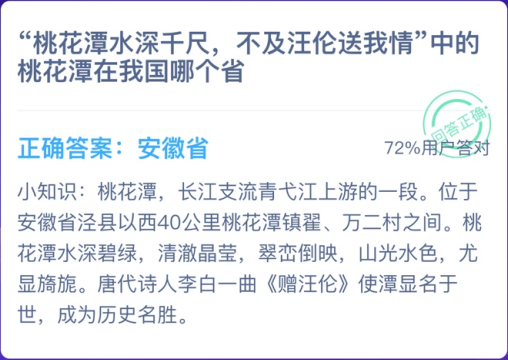 桃花潭水深千尺，不及汪伦送我情中的桃花潭在我国哪个省蚂蚁庄园12月14日今日答案图片2
