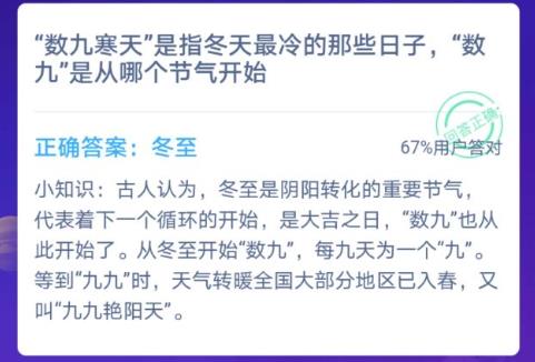 数九寒天是指冬天最冷的那些日子数九是从哪个节气开始？蚂蚁庄园12月21日答案