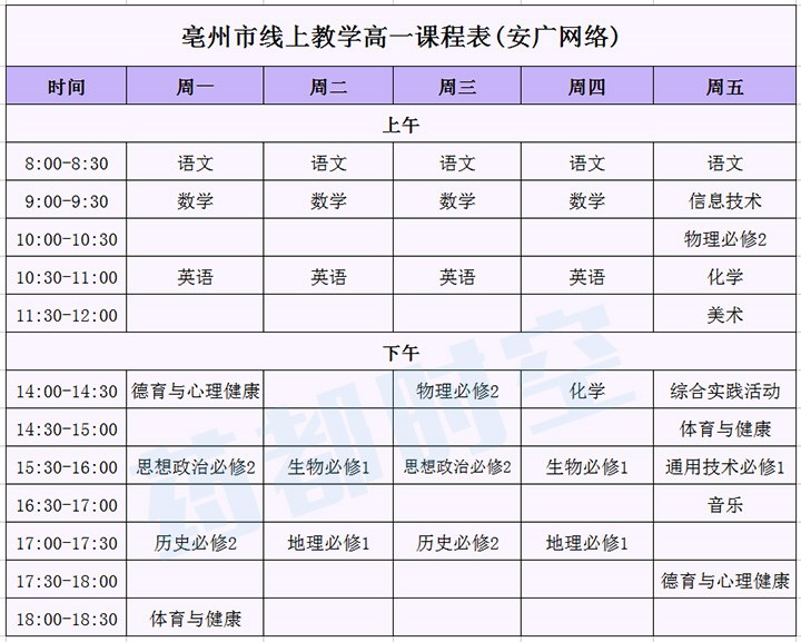 亳州市中小学线上教学课程表图片3