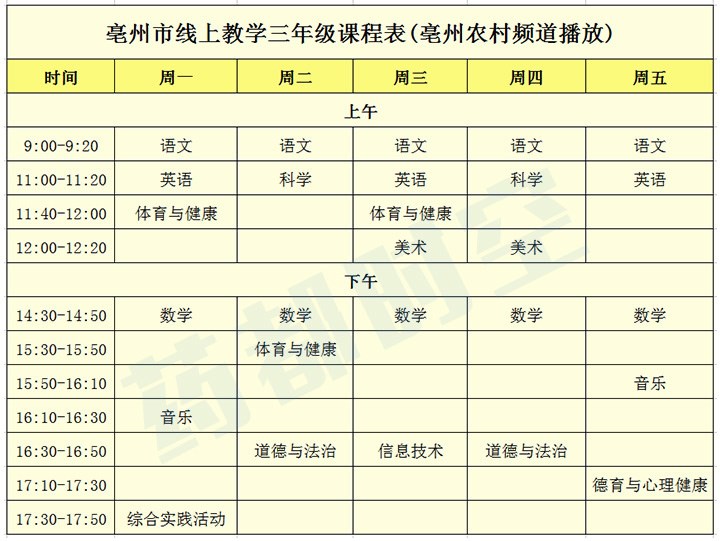 亳州市中小学线上教学课程表图片1