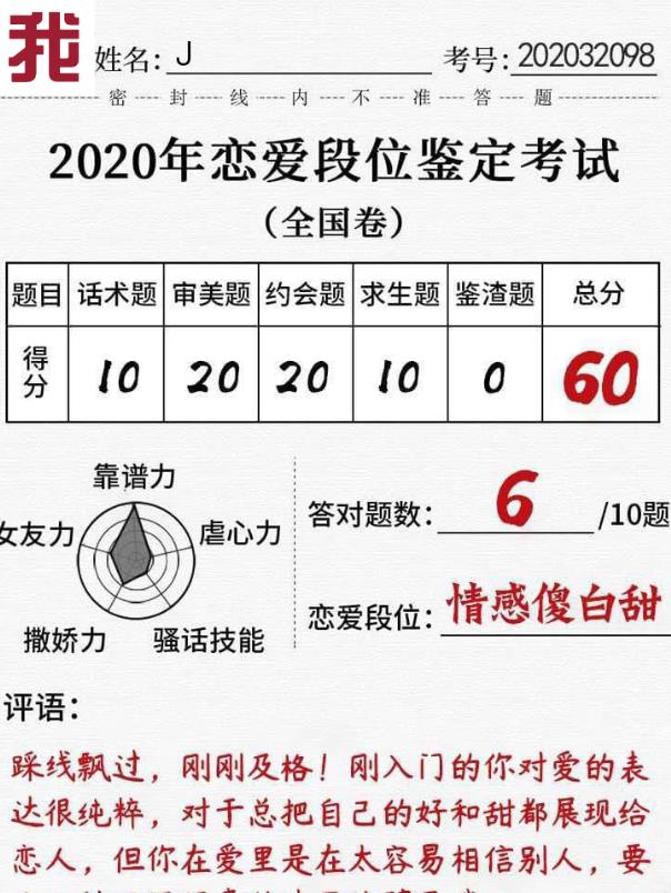 2020恋爱段位鉴定考试答案全国卷图1