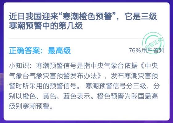 近日我国迎来寒潮橙色预警它是三级寒潮预警中的第几级？蚂蚁庄园1月3日答案最新