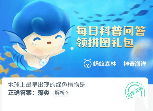 支付宝9月28日神奇海洋答案解析-地球上最早出现的绿色植物是图片1